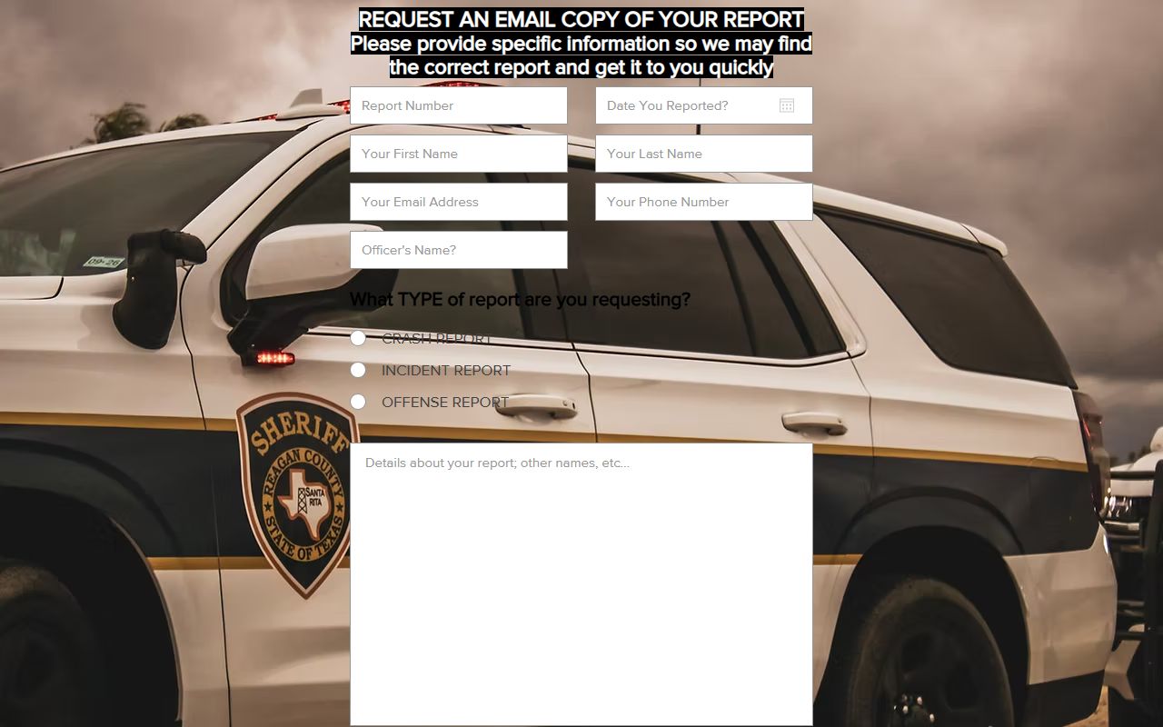 Reagan County booking photo request path through sheriff report request form