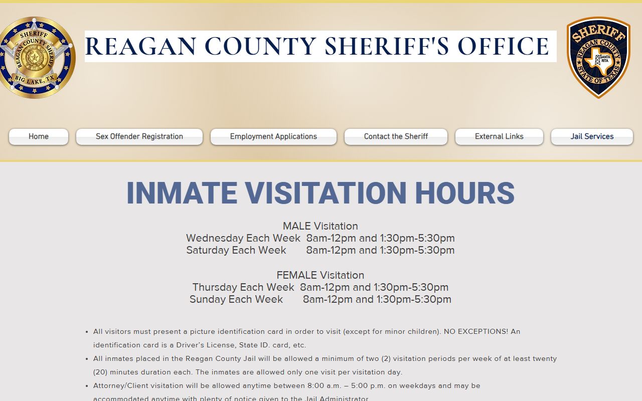 Reagan County inmate records visitation schedule and jail visitor rules