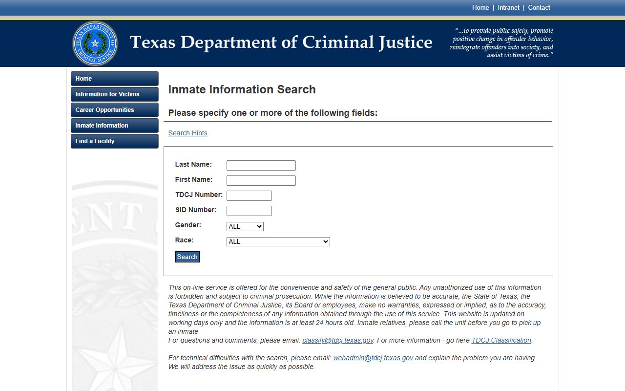 TDCJ inmate search form for Reagan County state prison lookup